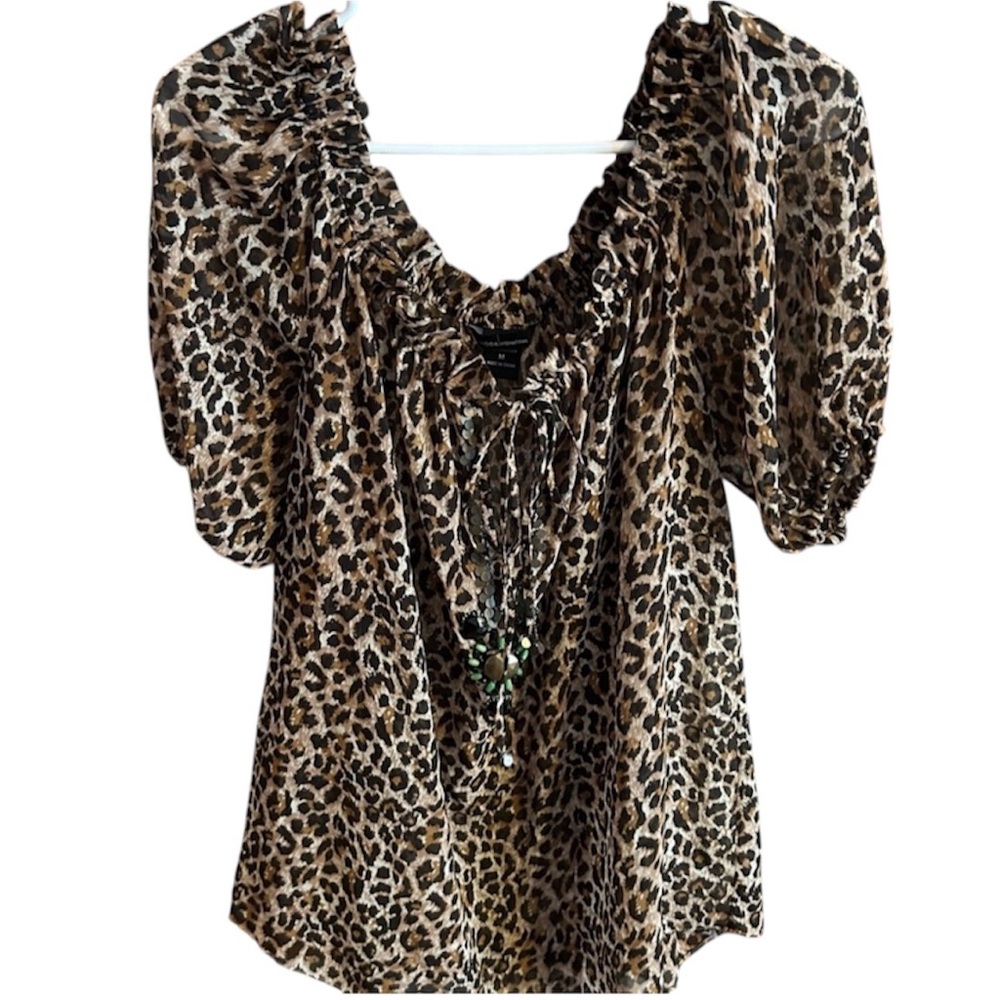 NWOT Vintage Y2K Moda International Print Blouse with Puff Sleeves